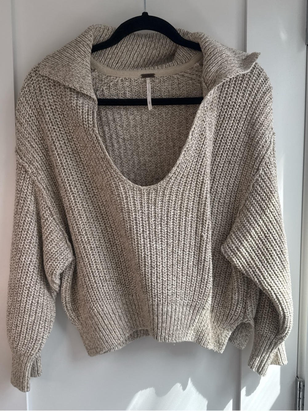 Free People Cream Ribbed V-Neck Fold-Over Collar Sweater
